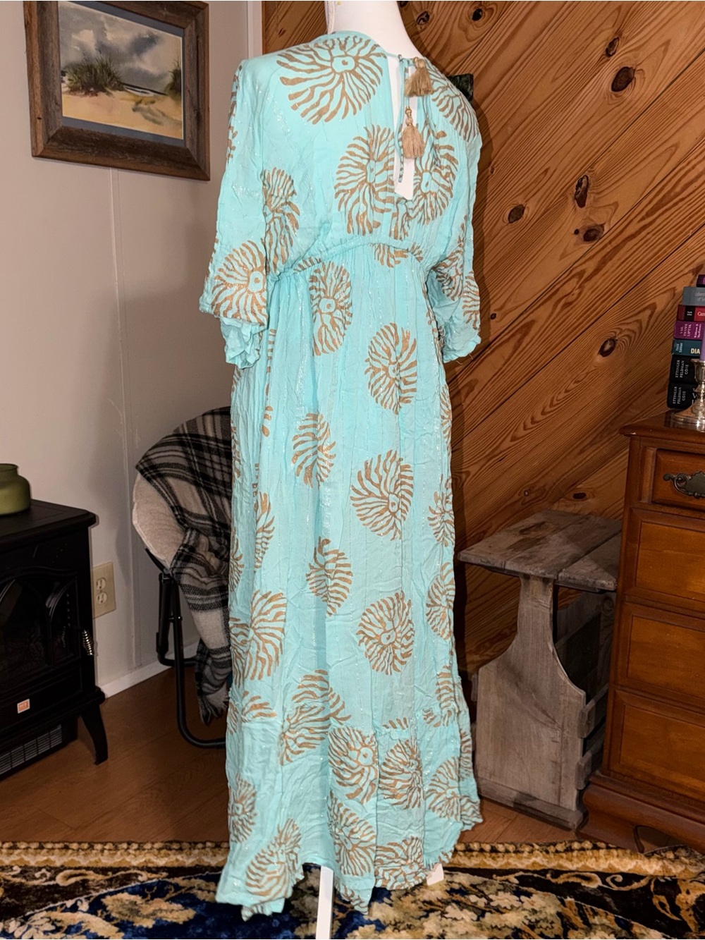 Zury Turquoise Maxi Dress with Gold Medallion Print and Tassel Tie 100% Viscose - Picture 4 of 11